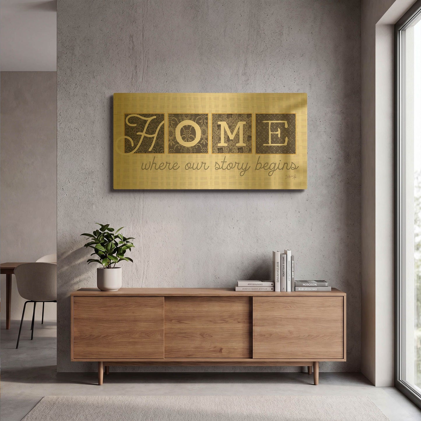 'Home Where Our Story Begins in Gray' By Marla Rae Gold Metal Wall Art
