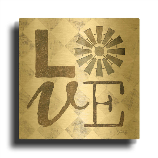 'Love with Windmill III' By Marla Rae Gold Metal Wall Art