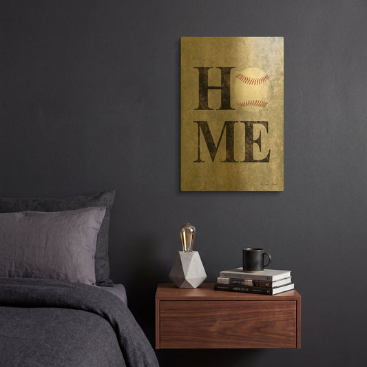 'Baseball HOME' By Susan Ball Gold Metal Wall Art
