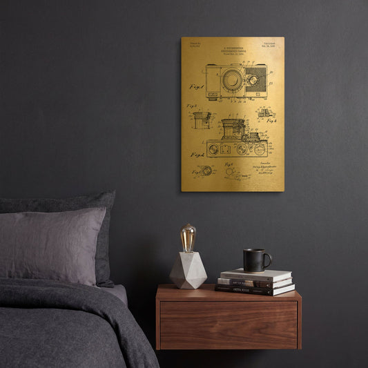 'Camera, 1936 Blueprint Patent Parchment' By LUXE Gold Metal Wall Art