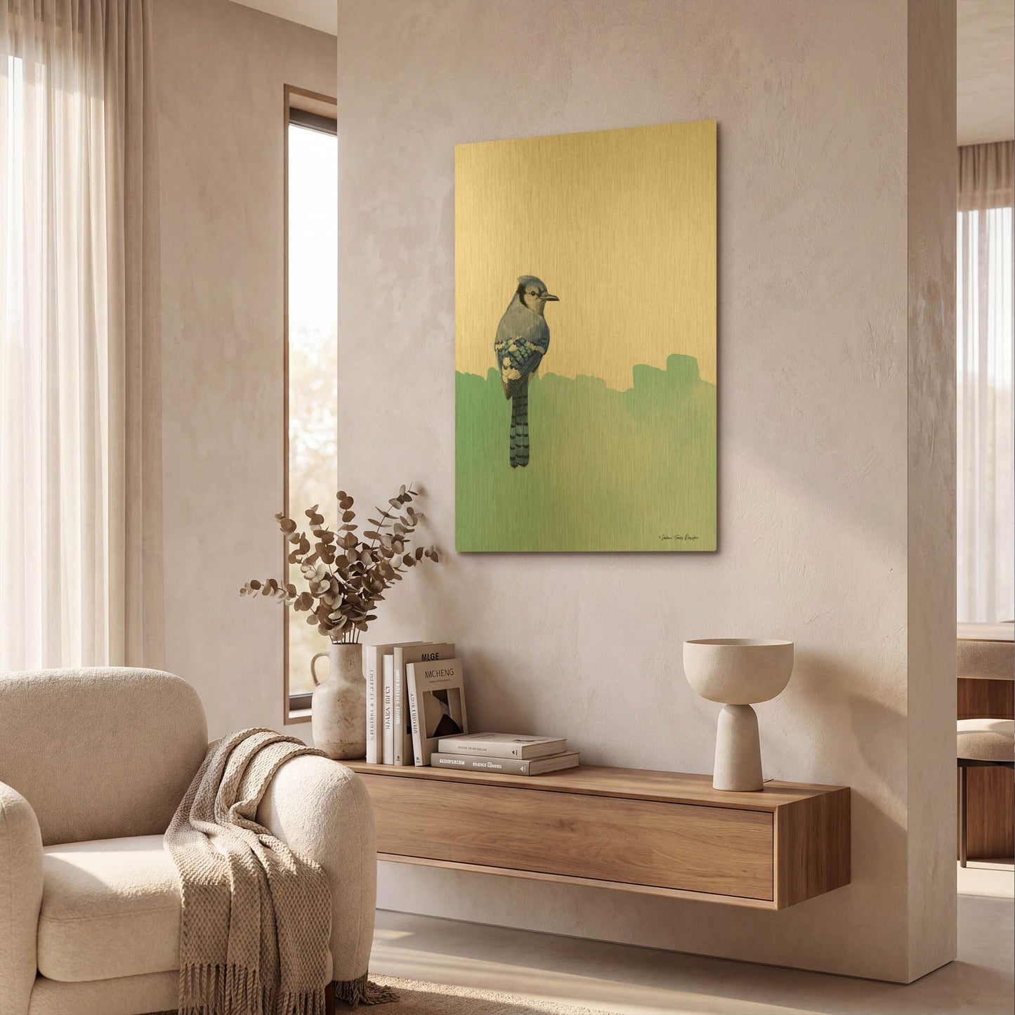 'Bird on Blue' By Seven Trees Design Gold Metal Wall Art