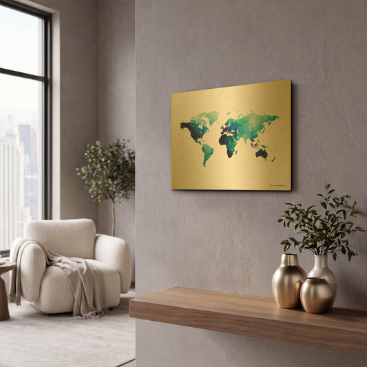 'Blue Space World Map' By Seven Trees Design Gold Metal Wall Art