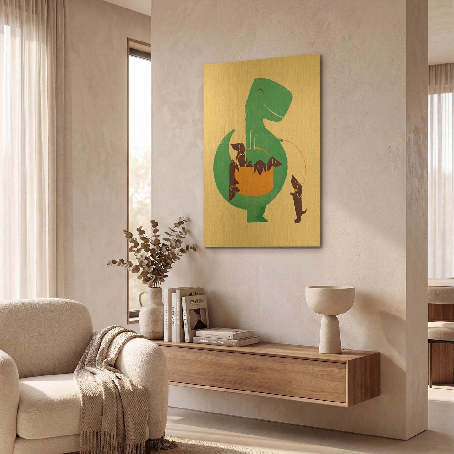 'T-Rex and the Basketful of Wiener Dogs' By Jay Fleck Gold Metal Wall Art
