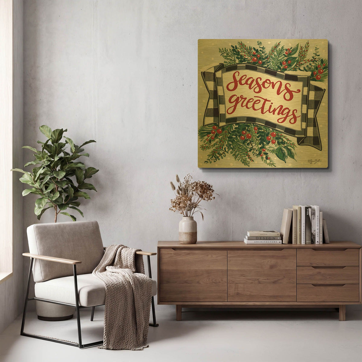'Seasons Greetings Banner' By Sara Baker Gold Metal Wall Art