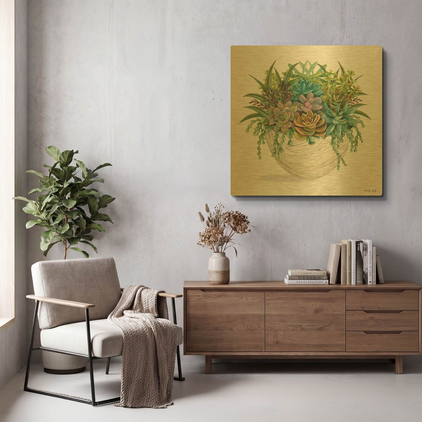 'White Wood Succulent II' By Cindy Jacobs Gold Metal Wall Art