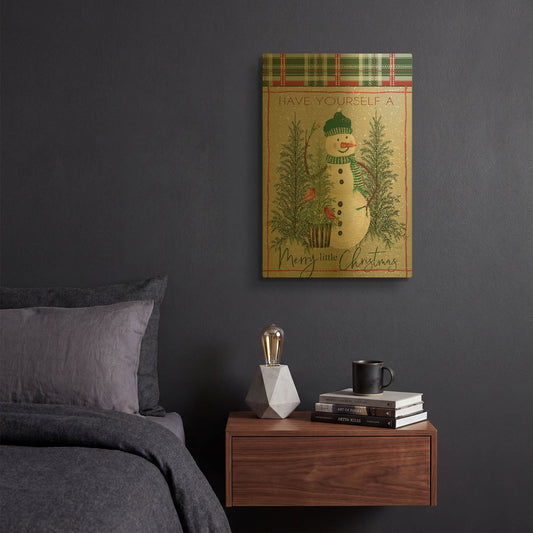 'Merry Little Christmas Snowman' By Cindy Jacobs Gold Metal Wall Art