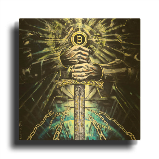 'Bitcoin Knight' By Jan Kasparec Gold Metal Wall Art