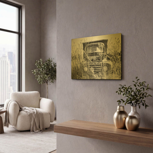 'Truck in Wildflower Field' By Donnie Quillen Gold Metal Wall Art