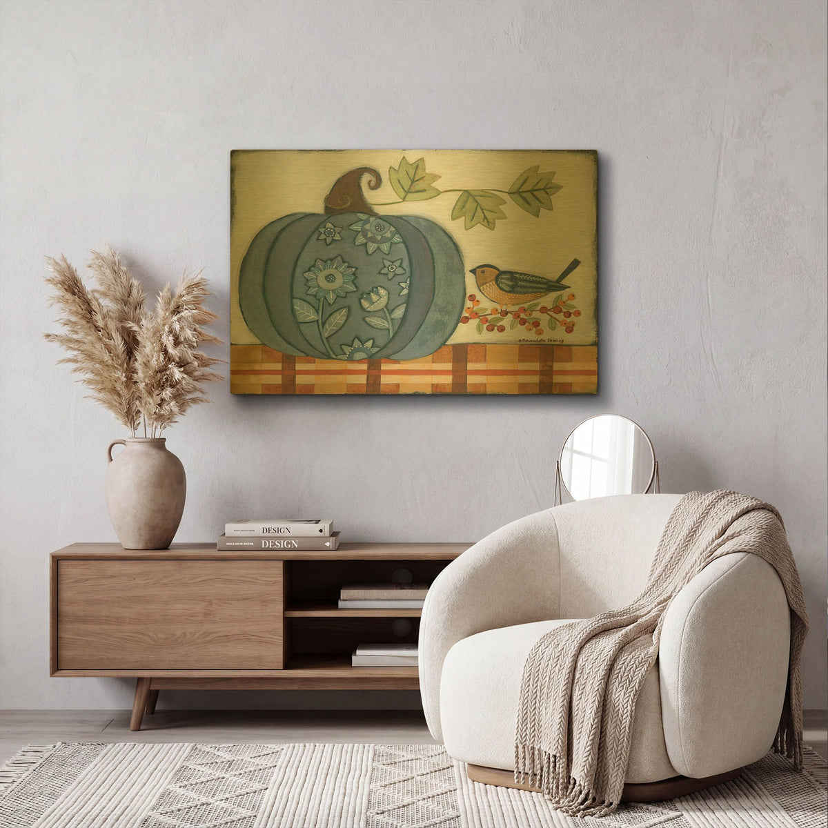 'Blue Patterned Pumpkin' By Bernadette Deming Gold Metal Wall Art