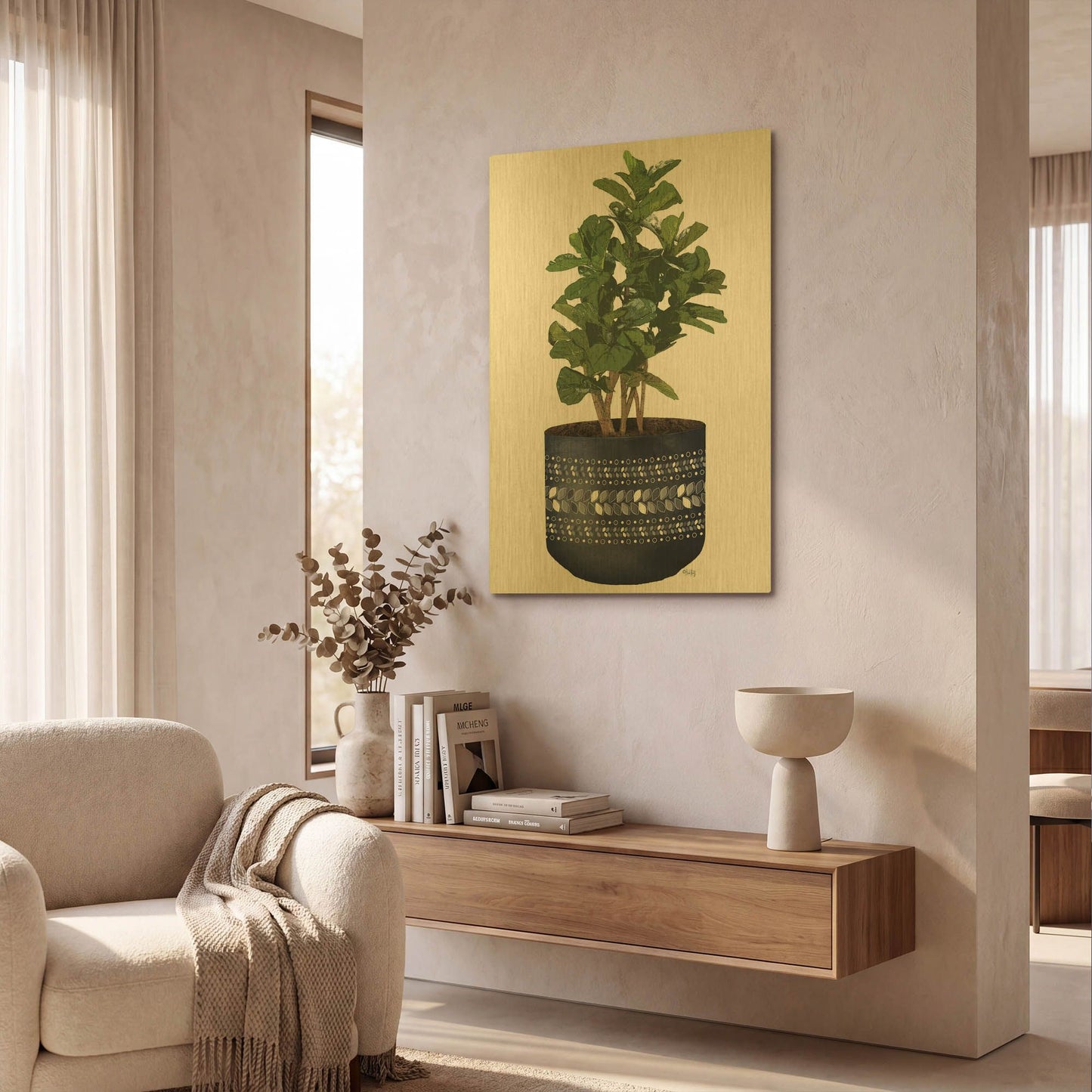 'Blue Potted Fig Tree' By Heidi Kuntz Gold Metal Wall Art