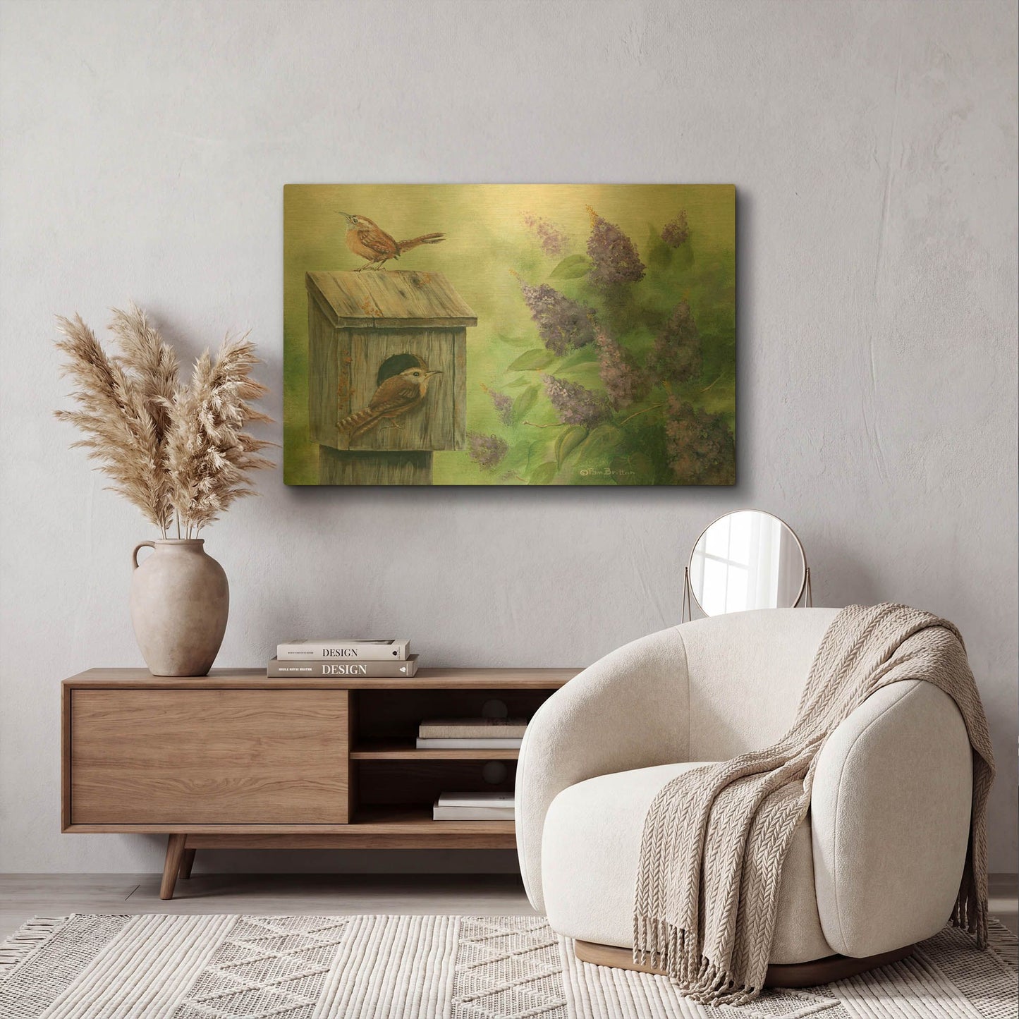 'Wrens & Lilacs' By Pam Britton Gold Metal Wall Art