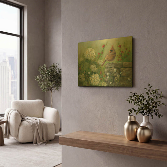 'Cardinal & Hydrangeas' By Pam Britton Gold Metal Wall Art