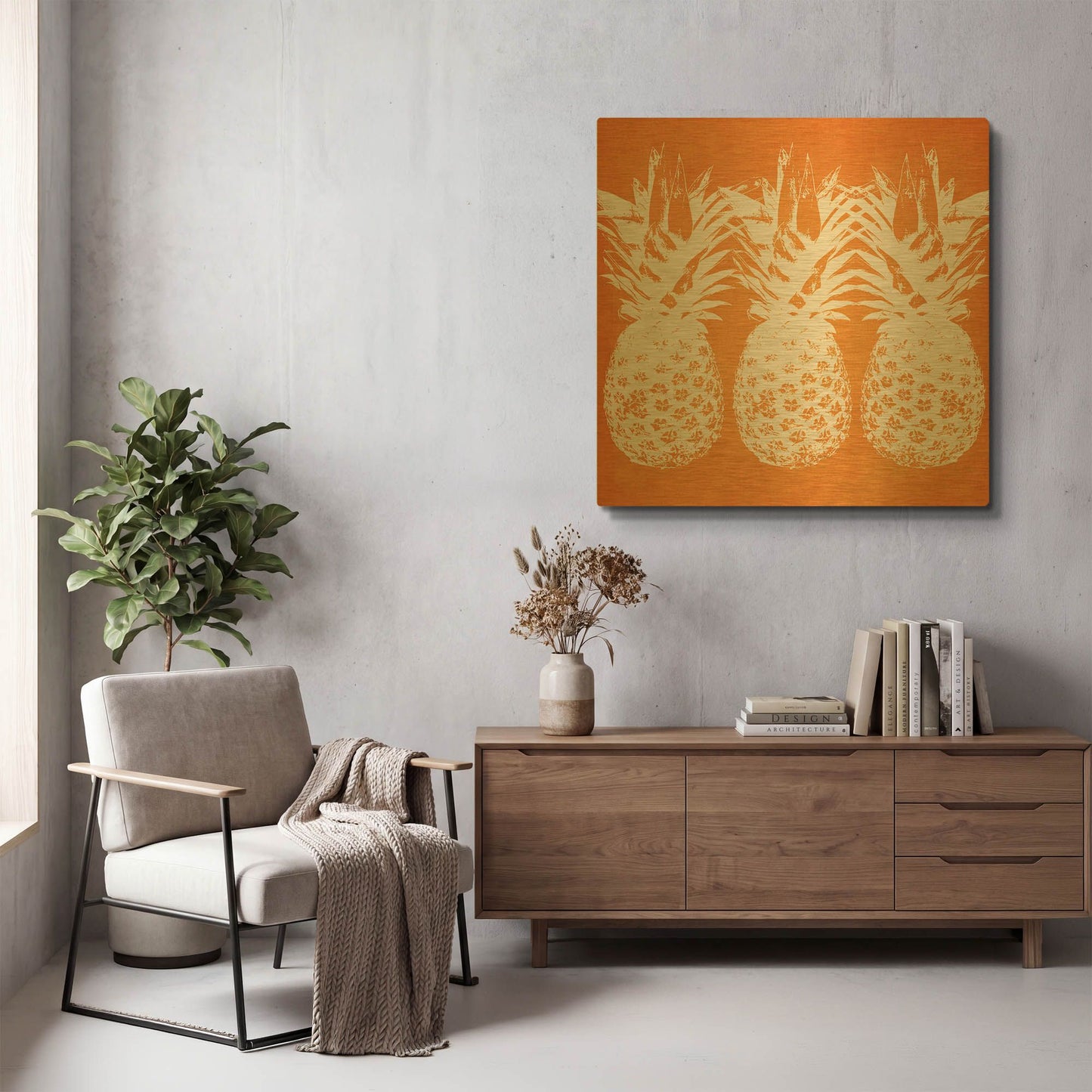 'Orange Pineapples' By Linda Woods Gold Metal Wall Art
