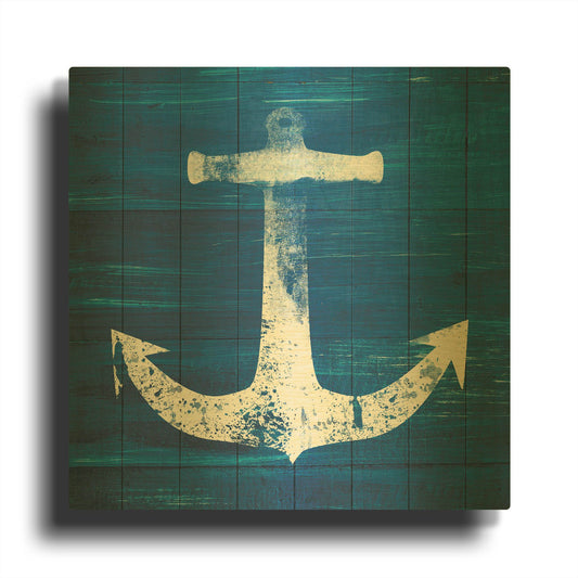 'Blue and White Anchor' By Linda Woods Gold Metal Wall Art