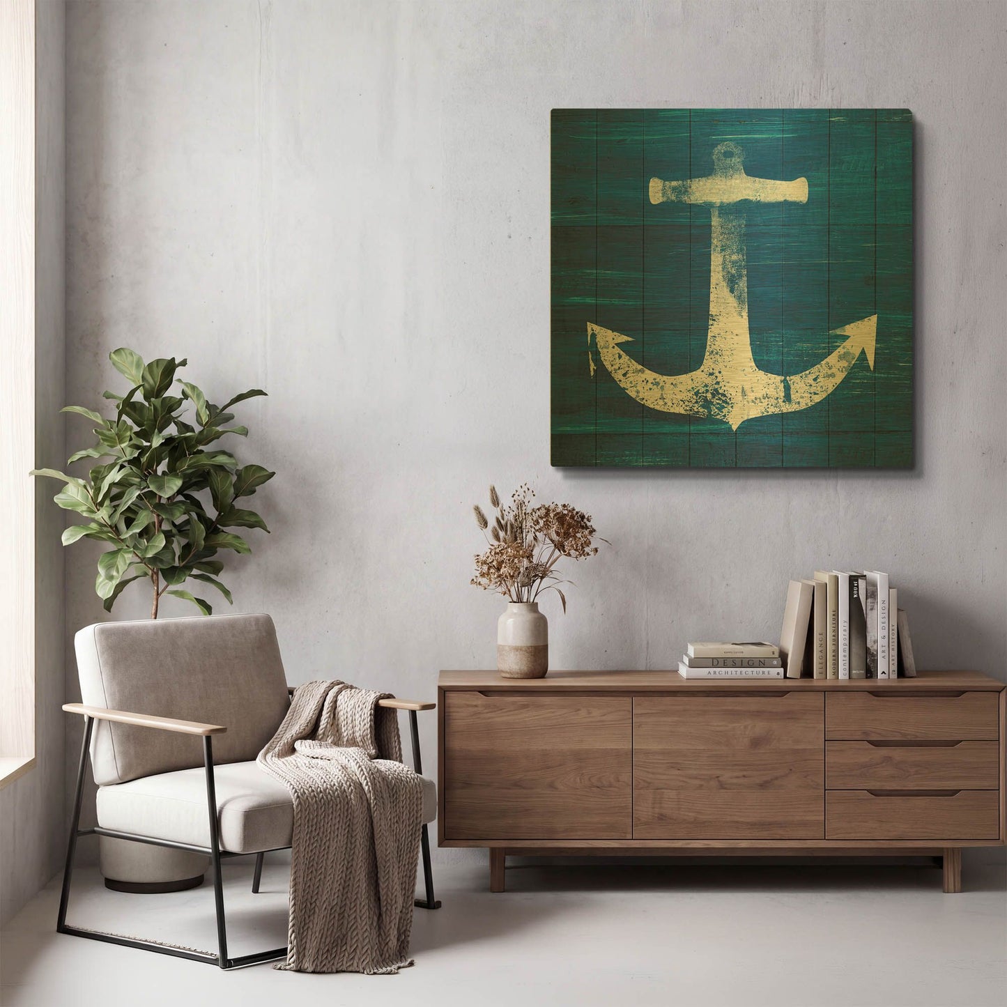 'Blue and White Anchor' By Linda Woods Gold Metal Wall Art