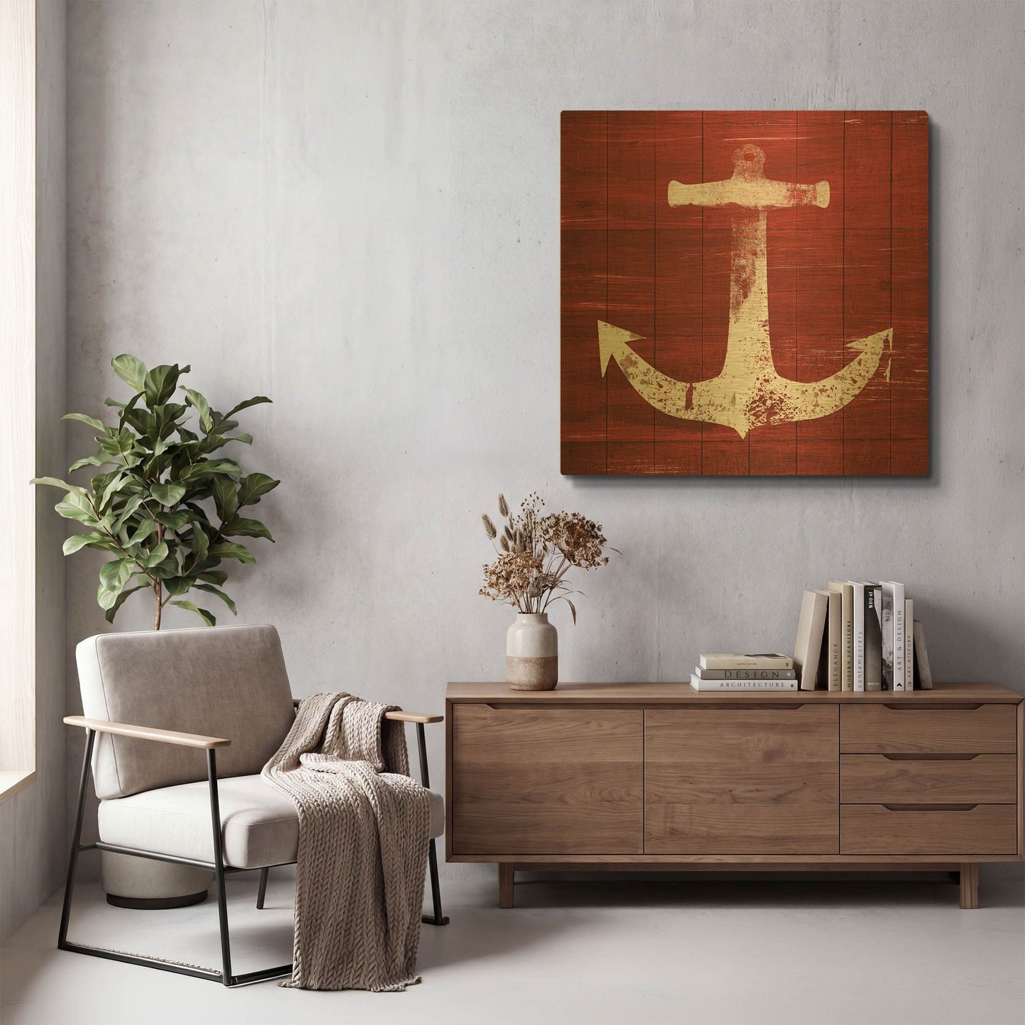 'Red and White Anchor' By Linda Woods Gold Metal Wall Art