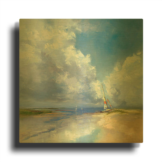 'Sailboat on a Sandy Beach' By Kasia Bruniany Gold Metal Wall Art
