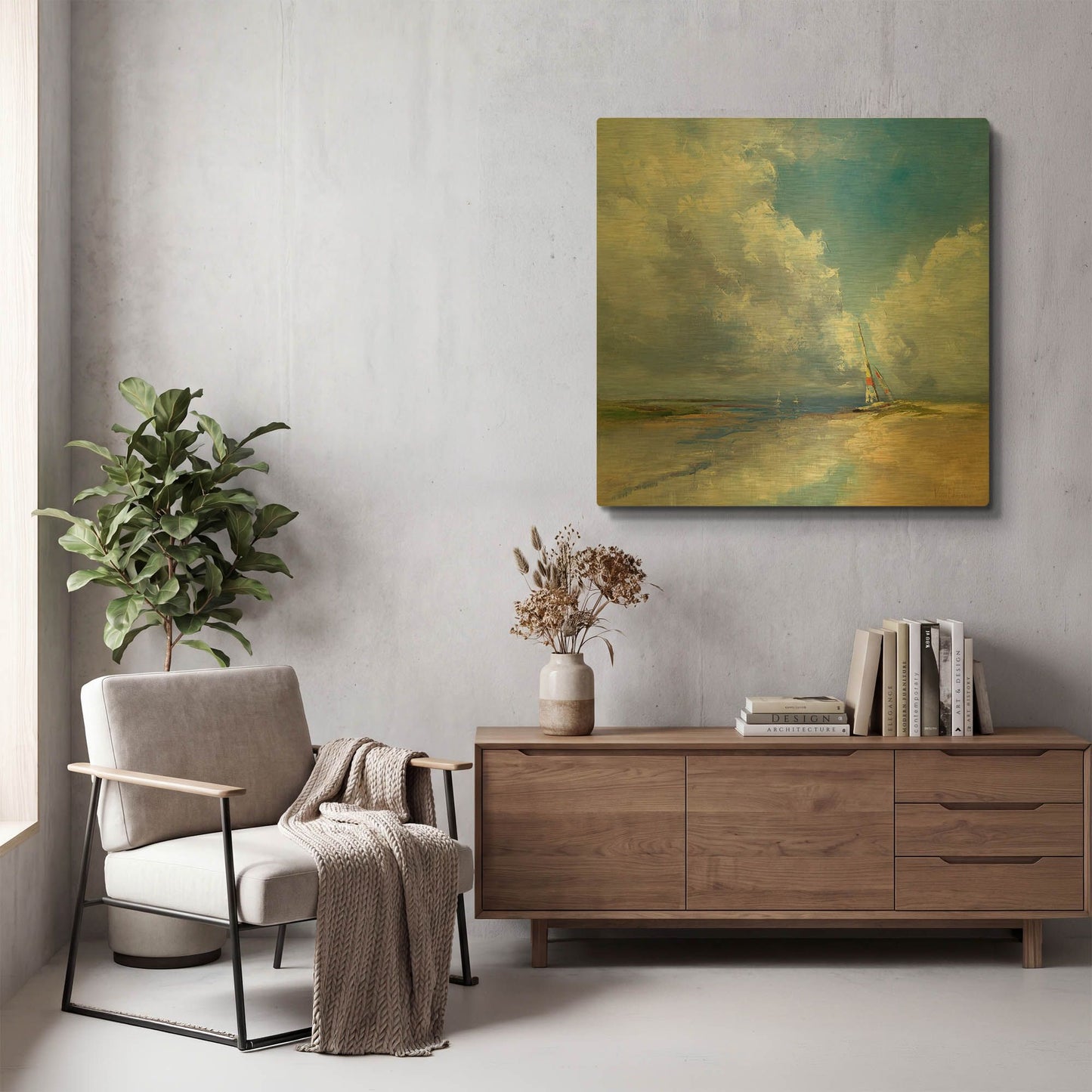 'Sailboat on a Sandy Beach' By Kasia Bruniany Gold Metal Wall Art