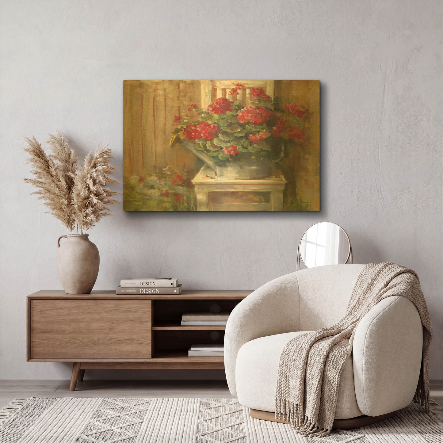 'Geraniums On Chair' By Carol Rowan Gold Metal Wall Art