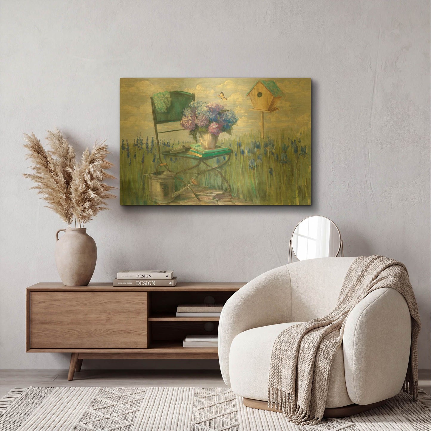 'Green Chair With Hydrangea' By Carol Rowan Gold Metal Wall Art