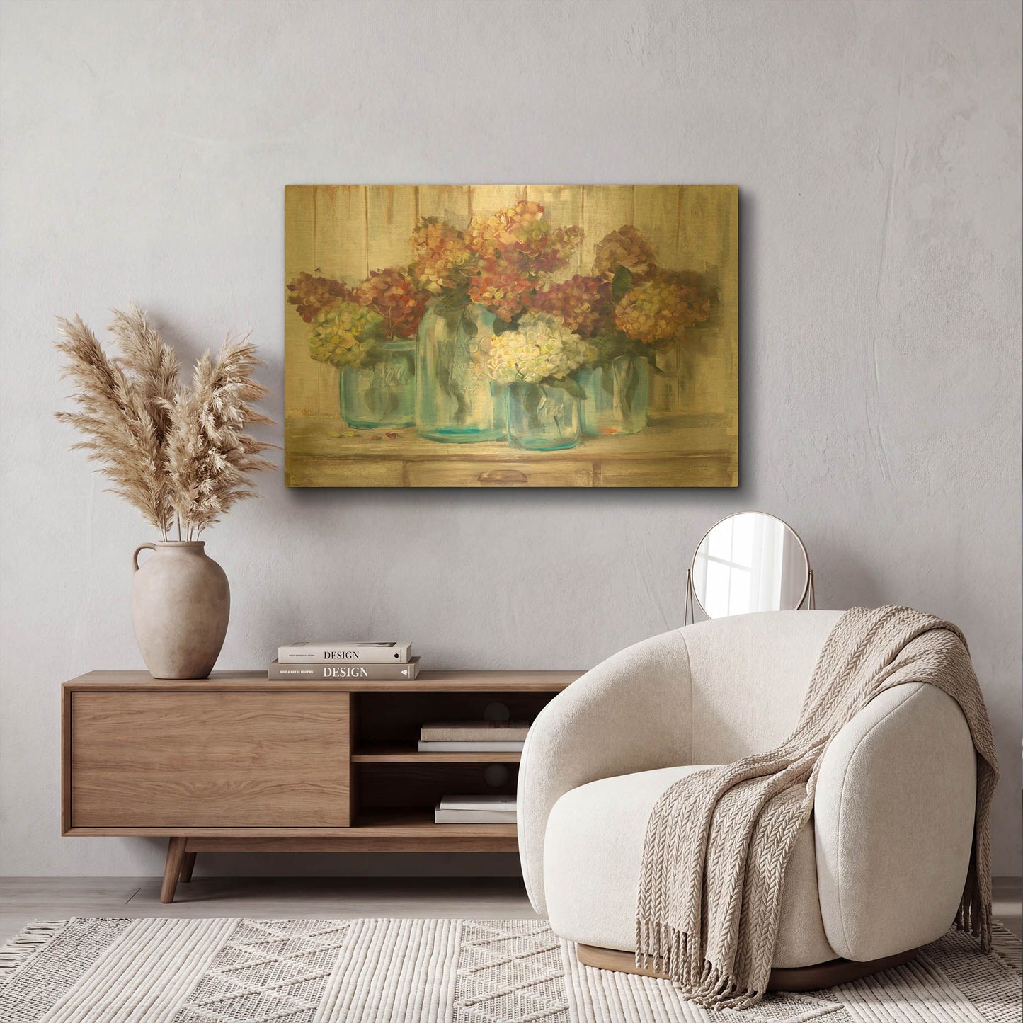 'Hydrangeas In Glass Jars White Wood' By Carol Rowan Gold Metal Wall Art