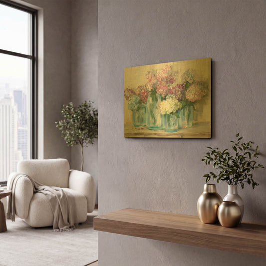 'Hydrangeas In Glass Jar Pastel Crop' By Carol Rowan Gold Metal Wall Art