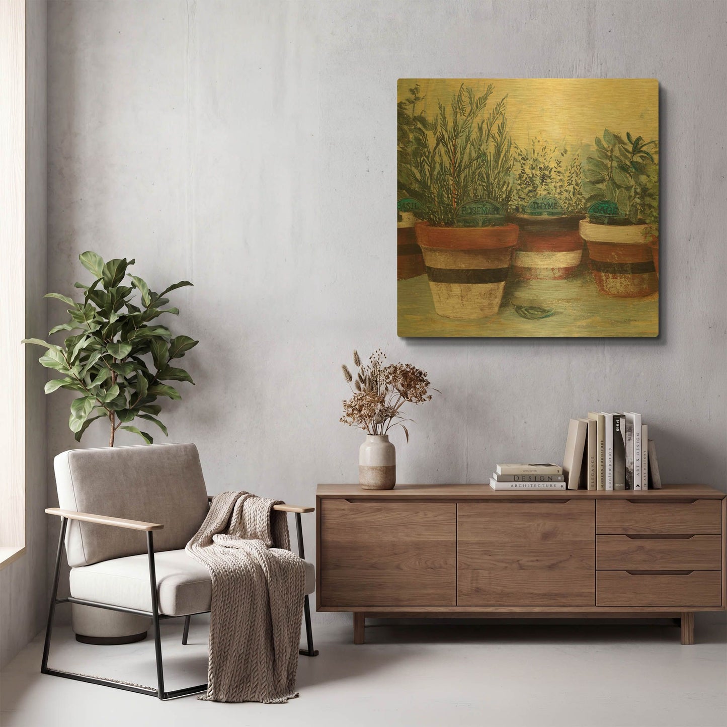 'Potted Herbs II Stripes Crop' By Carol Rowan Gold Metal Wall Art