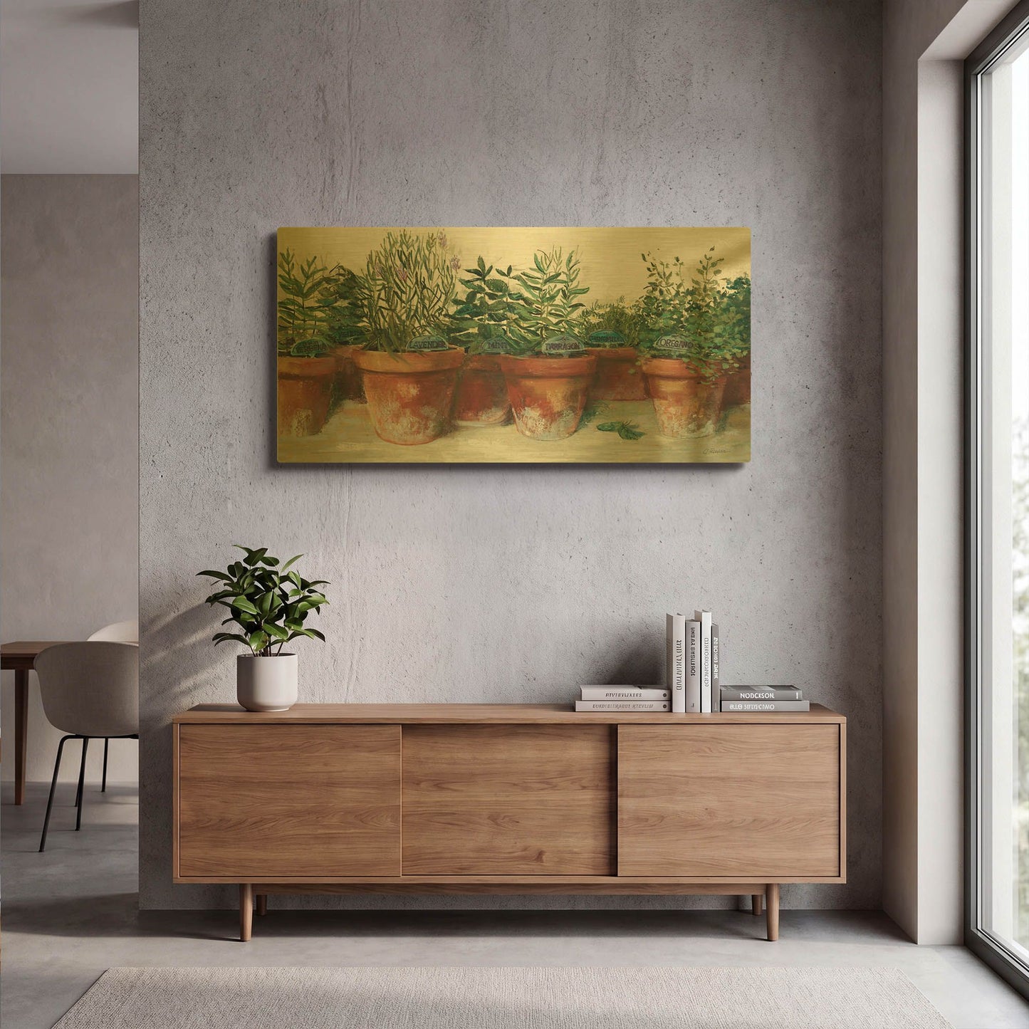 'Pots Of Herbs I White' By Carol Rowan Gold Metal Wall Art
