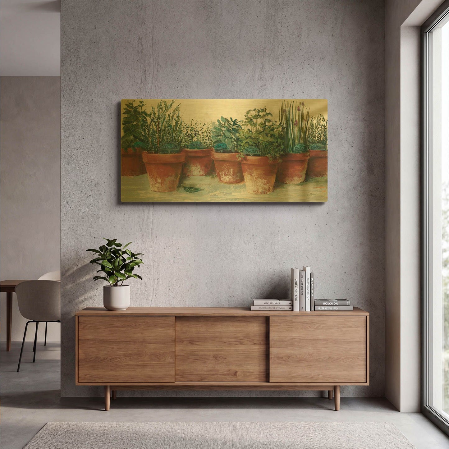 'Pots Of Herbs II White' By Carol Rowan Gold Metal Wall Art