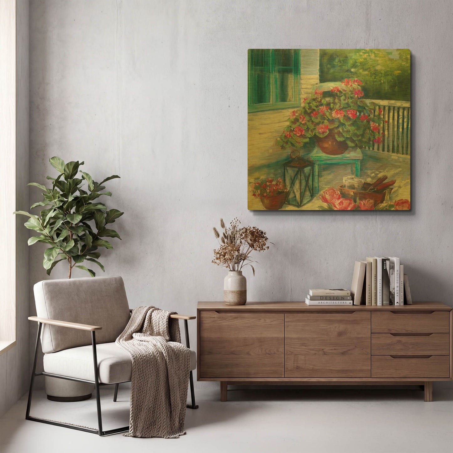 'Porch Geraniums' By Carol Rowan Gold Metal Wall Art