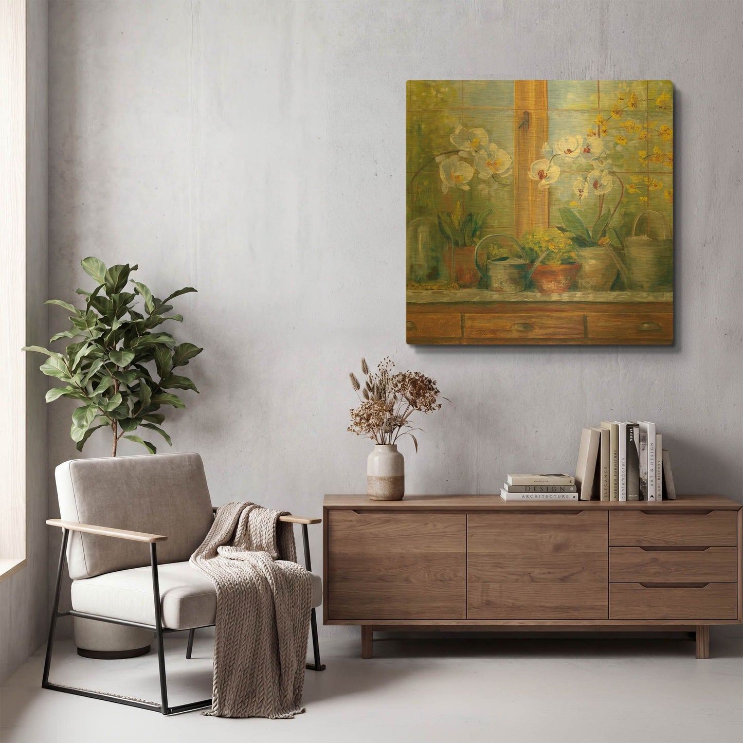 'Gardeners Table Orchids' By Carol Rowan Gold Metal Wall Art