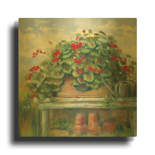 'Geranium Bench Crop' By Carol Rowan Gold Metal Wall Art