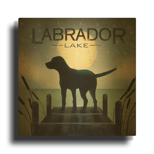 'Moonrise Black Dog - Labrador Lake 2' By Ryan Fowler Gold Metal Wall Art
