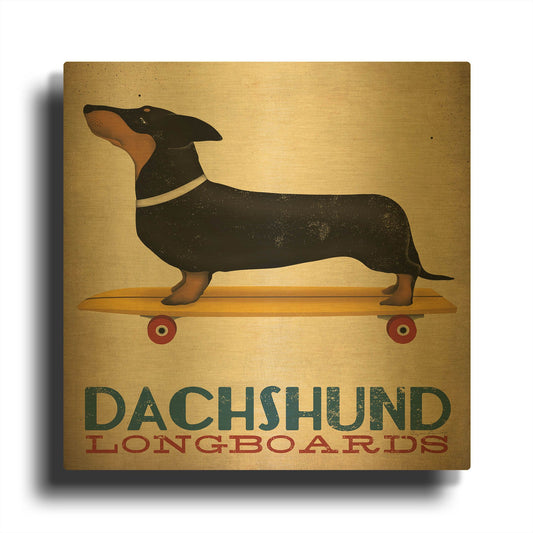 'Dachshund Longboards' By Ryan Fowler Gold Metal Wall Art