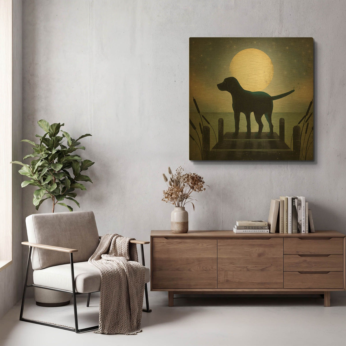 'Moonrise Black Dog' By Ryan Fowler Gold Metal Wall Art