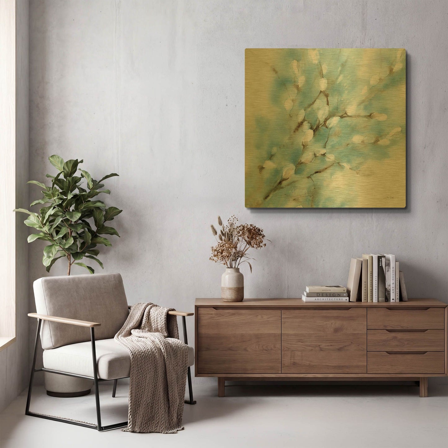 'Pussy Willows Square' By Katrina Pete Gold Metal Wall Art