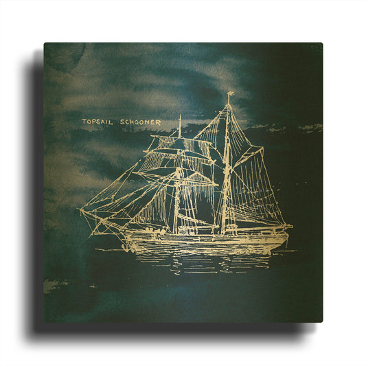 'Sailing Ships V Indigo' By Wild Apple Portfolio Gold Metal Wall Art