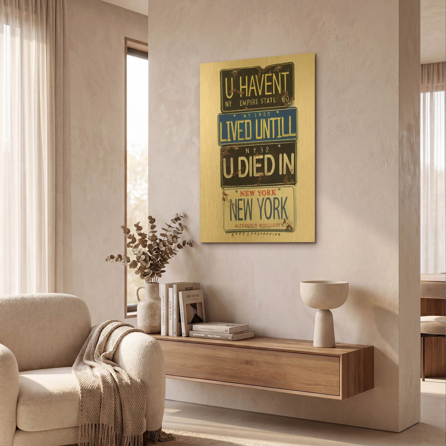 'Woolcott Died In NY' By Gregory Constantine Gold Metal Wall Art