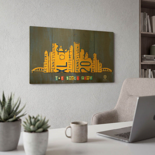 'Pittsburgh Skyline License Plate Art' By Design Turnpike Gold Metal Wall Art