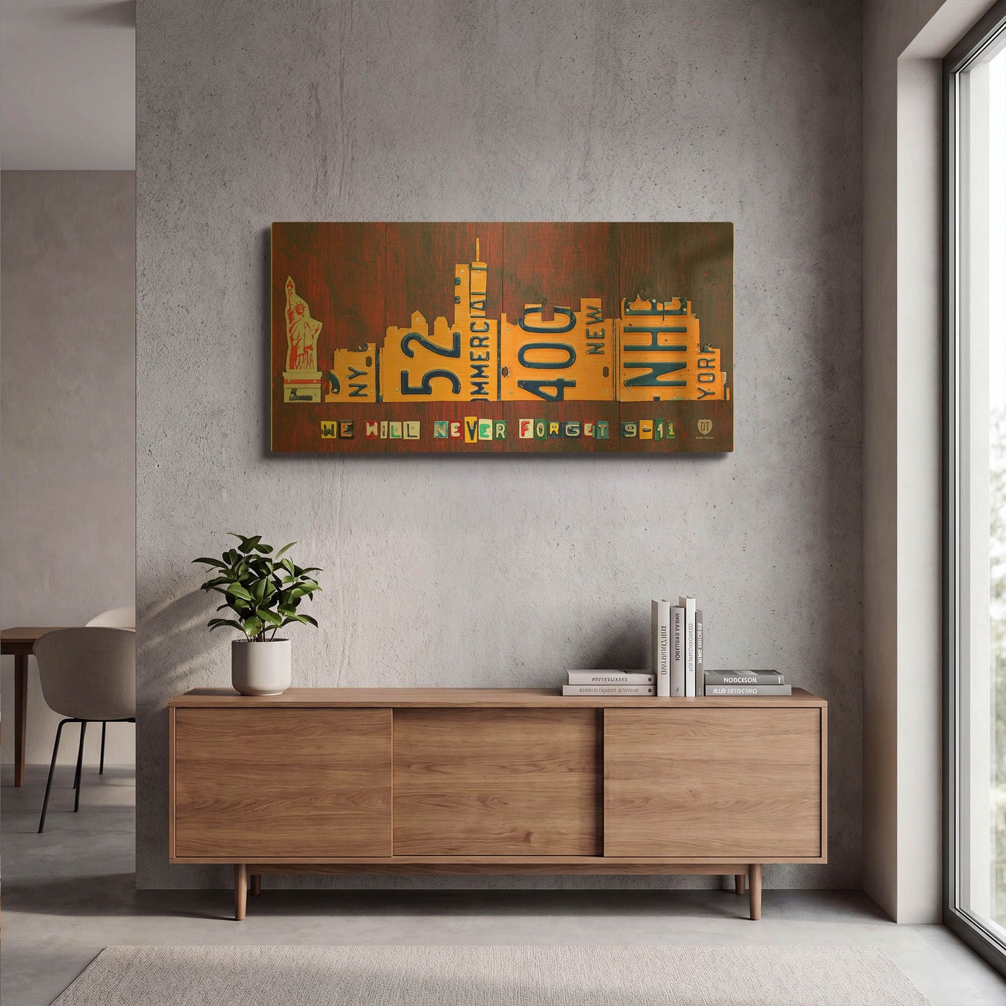 'NYC License Plate Art Skyline 911 Version' By Design Turnpike Gold Metal Wall Art