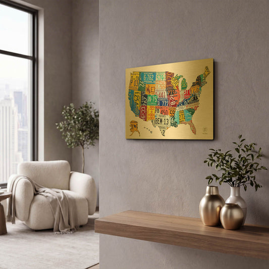 'License Plate Map USA on Wood' By Design Turnpike Gold Metal Wall Art