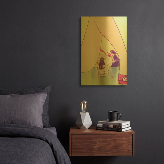 'Girl with Gun' By Giuseppe Cristiano Gold Metal Wall Art