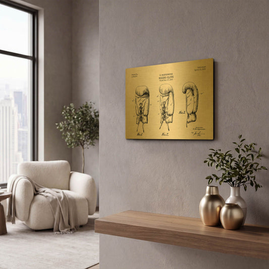 'Boxing Glove, 1925 Blueprint Parchment Patent' By LUXE Gold Metal Wall Art