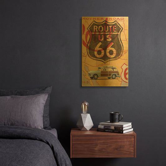 'Route 66 Vintage Postcard' By Edward M. Fielding Gold Metal Wall Art
