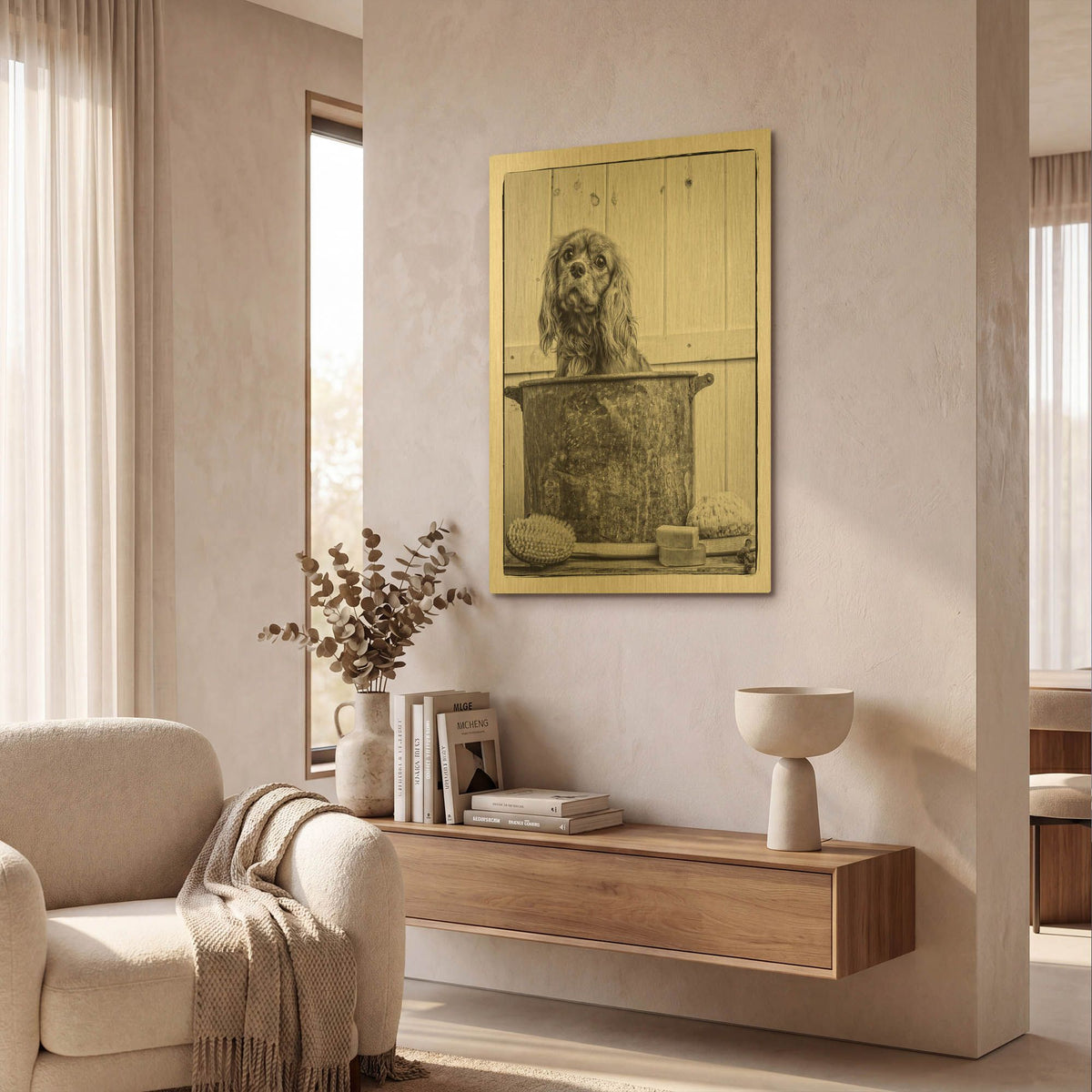 'Vintage Puppy Bath' By Edward M. Fielding Gold Metal Wall Art