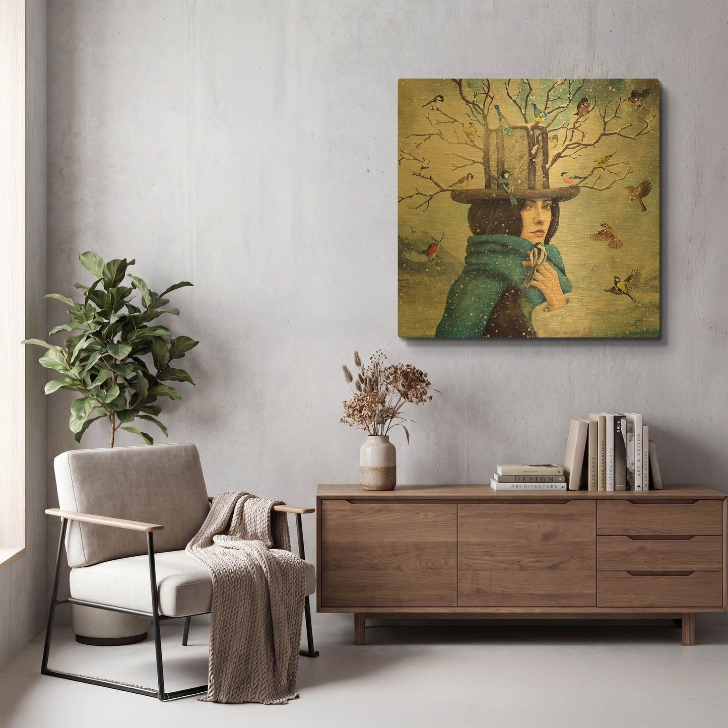 'The Lady With The Bird Feeder Hat' By Paula Belle Flores Gold Metal Wall Art
