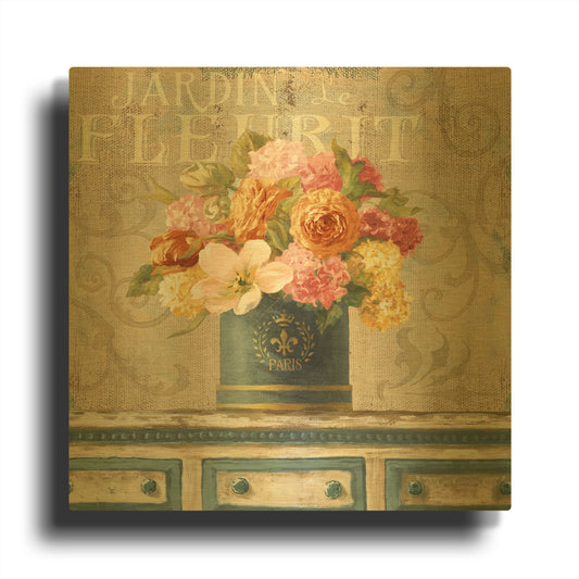 'Tulips in Teal and Gold Hatbox' By Danhui Nai Gold Metal Wall Art