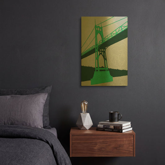 'St. Johns Bridge - Portland D2047D' By Shane Donahue Gold Metal Wall Art