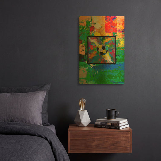 'Window into the Soccer Universe Red and Green' By Jace D McTier Gold Metal Wall Art