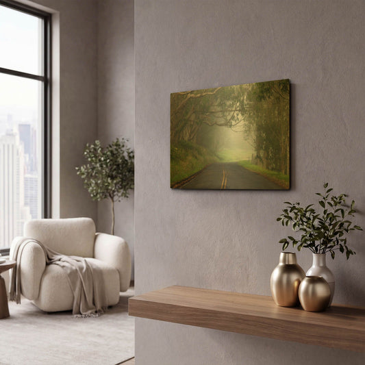 'Foggy Road near Dillon Beach' By Mike Jones Gold Metal Wall Art